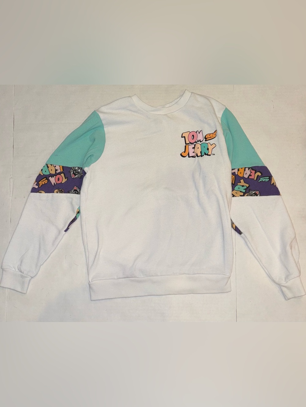 White & Mint Long Sleeve Crewneck Sweatshirt